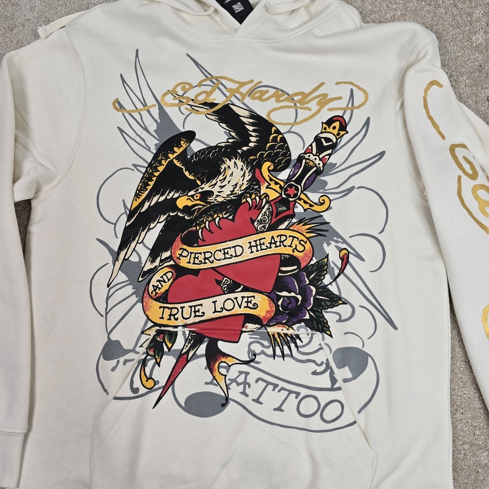 Ed Hardy Men's Hoodie Eagle Pierced Hearts Fleece Pullover Sweatshirt in Ivory M